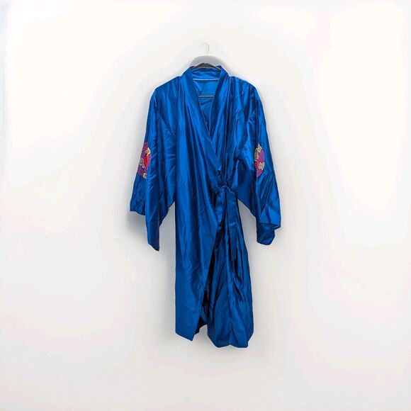 Blue Silky Kimono Robe With Red & Yellow Embroidered Rose Design - Picture 1 of 11